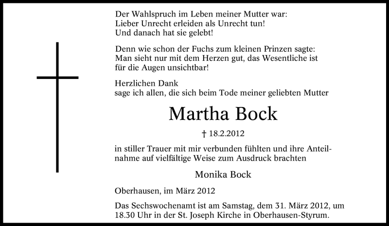  Traueranzeige für Martha Bock vom 24.03.2012 aus Tageszeitung