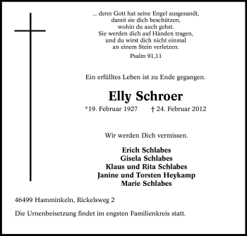 Traueranzeige von Elly Schroer von Tageszeitung