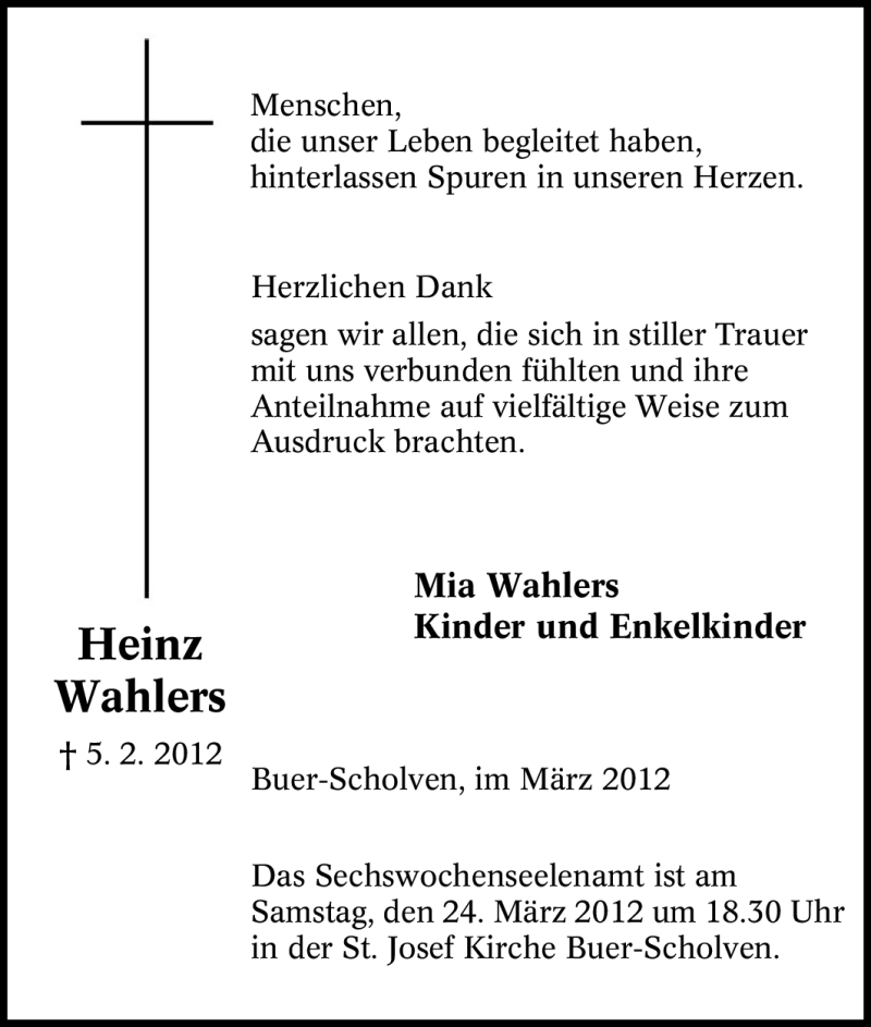  Traueranzeige für Heinz Wahlers vom 12.03.2012 aus Tageszeitung