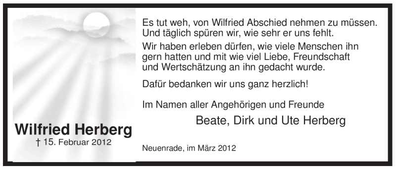  Traueranzeige für Wilfried Herberg vom 24.03.2012 aus Tageszeitung