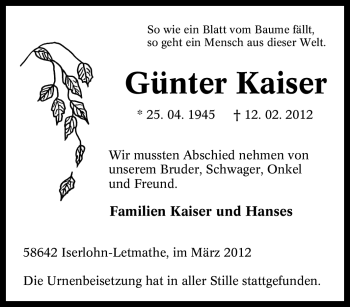 Traueranzeige von Günter Kaiser von Tageszeitung