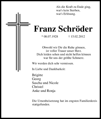Traueranzeige von Franz Schröder von Tageszeitung