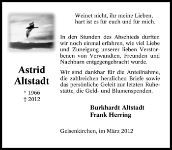 Traueranzeige von Astrid Altstadt von Tageszeitung