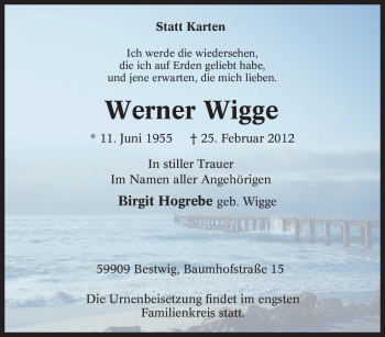 Traueranzeige von Werner Wigge von Tageszeitung