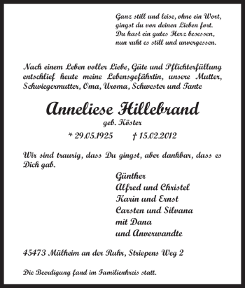 Traueranzeige von Anneliese Hillebrand von Tageszeitung