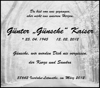 Traueranzeige von Günter Kaiser von Tageszeitung
