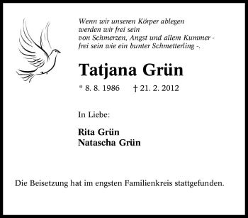 Traueranzeige von Tatjana Grün von Tageszeitung