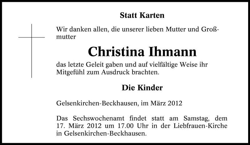  Traueranzeige für Christina Ihmann vom 15.03.2012 aus Tageszeitung