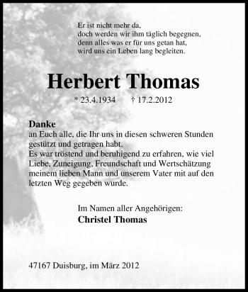 Traueranzeige von Herbert Thomas von Tageszeitung