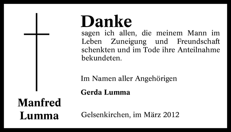  Traueranzeige für Manfred Lumma vom 10.03.2012 aus Tageszeitung