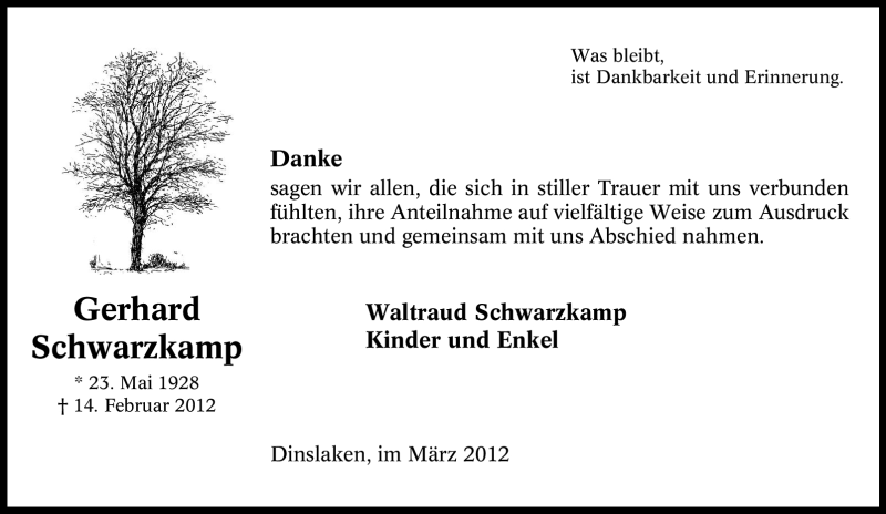  Traueranzeige für Gerhard Schwarzkamp vom 31.03.2012 aus Tageszeitung