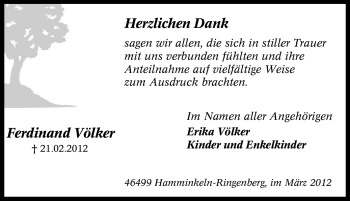 Traueranzeige von Ferdinand Völker von Tageszeitung