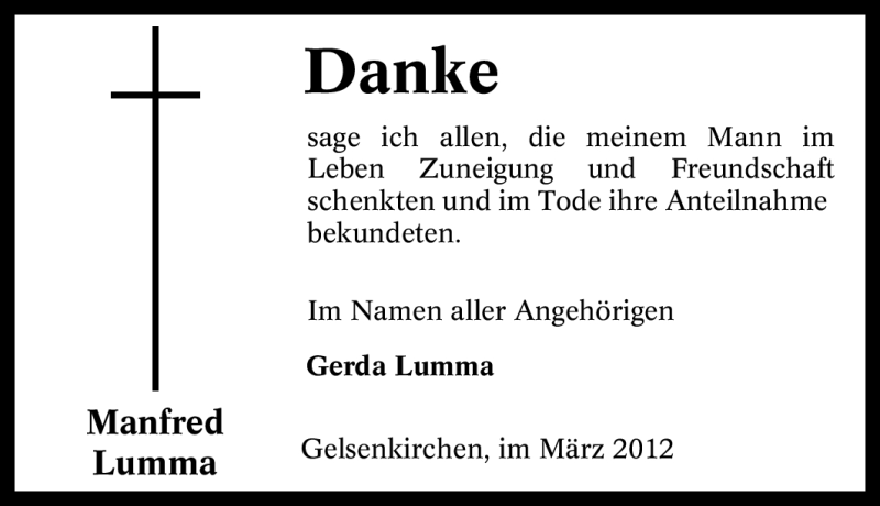  Traueranzeige für Manfred Lumma vom 10.03.2012 aus Tageszeitung