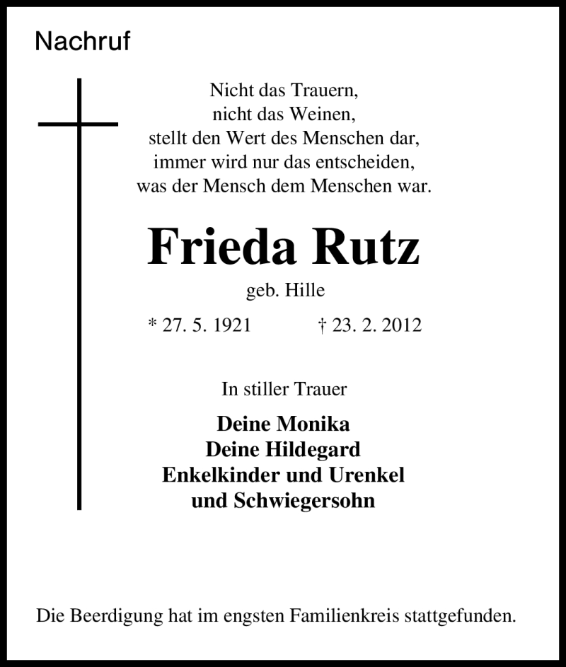  Traueranzeige für Frieda Rutz vom 03.03.2012 aus Tageszeitung
