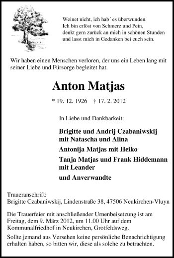 Traueranzeige von Anton Matjas von Tageszeitung