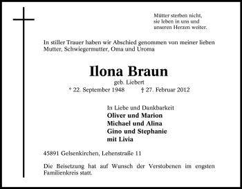 Traueranzeige von Ilona Braun von Tageszeitung