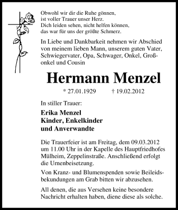 Traueranzeige von Hermann Menzel von Tageszeitung