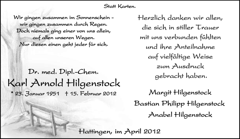  Traueranzeige für Karl Arnold Hilgenstock vom 14.04.2012 aus Tageszeitung