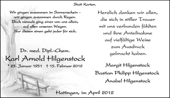 Traueranzeige von Karl Arnold Hilgenstock von Tageszeitung