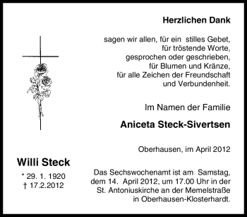 Traueranzeige von Willi Steck von Tageszeitung