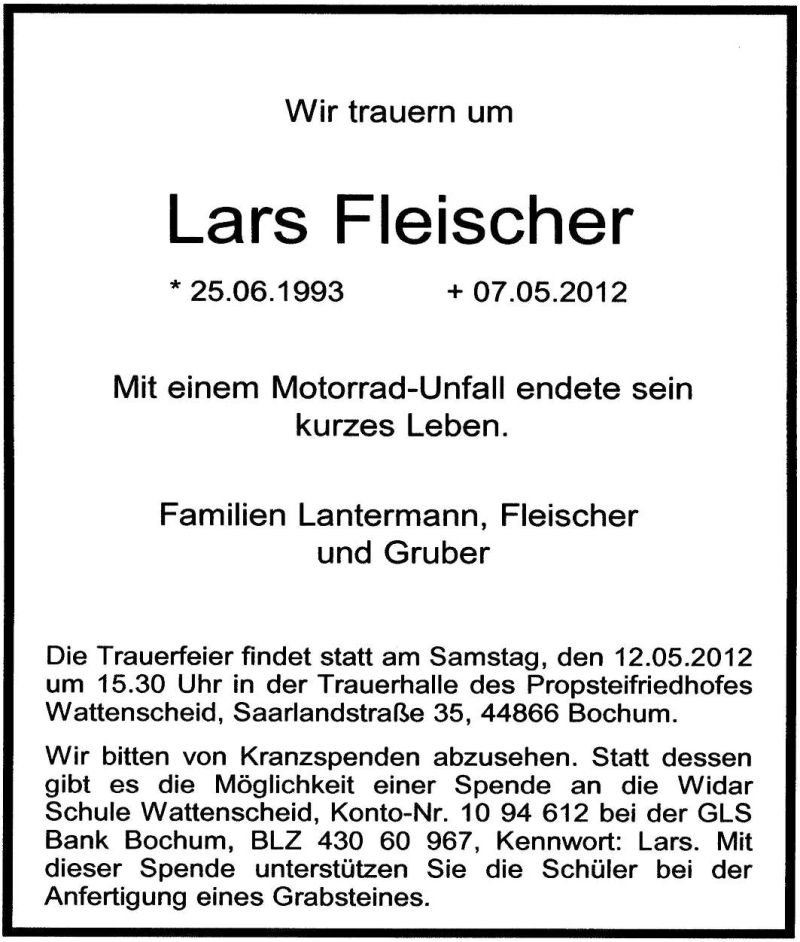  Traueranzeige für Lars Fleischer vom 11.05.2012 aus Tageszeitung