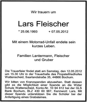 Traueranzeige von Lars Fleischer von Tageszeitung