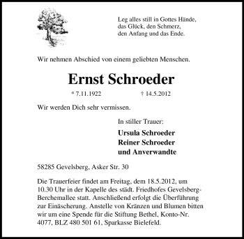Traueranzeige von Ernst Schroeder von Tageszeitung