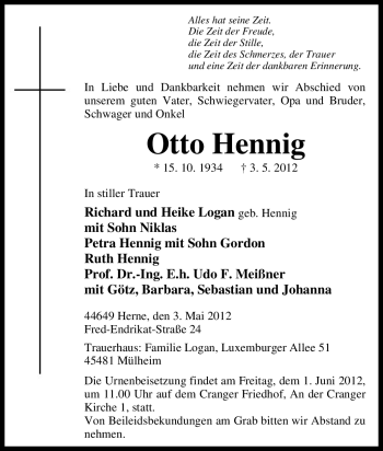 Traueranzeige von Otto Hennig von Tageszeitung
