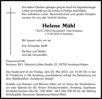 Traueranzeige von Helene Mühl von Tageszeitung