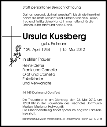 Traueranzeige von Ursula Kussberg von Tageszeitung