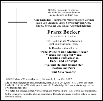 Traueranzeige von Franz Becker von Tageszeitung