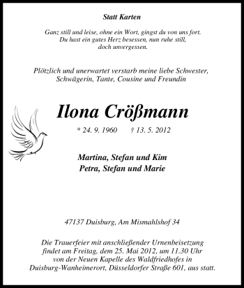 Traueranzeige von Ilona Crößmann von Tageszeitung