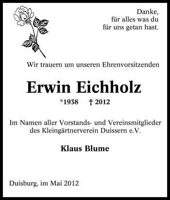Traueranzeige von Erwin Eichholz von Tageszeitung