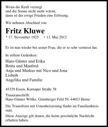 Traueranzeige von Fritz Kluwe von Tageszeitung