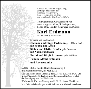 Traueranzeige von Karl Erdmann von Tageszeitung