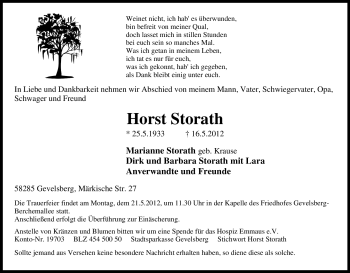 Traueranzeige von Horst Storath von Tageszeitung