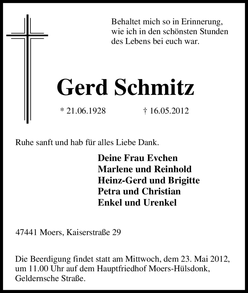  Traueranzeige für Gerd Schmitz vom 19.05.2012 aus Tageszeitung