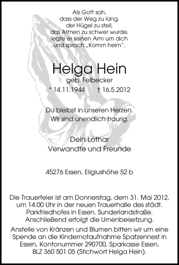 Traueranzeige von Helga Hein von Tageszeitung