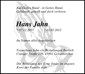 Traueranzeige von Hans Jahn von Tageszeitung