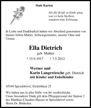 Traueranzeige von Ella Dietrich von Tageszeitung