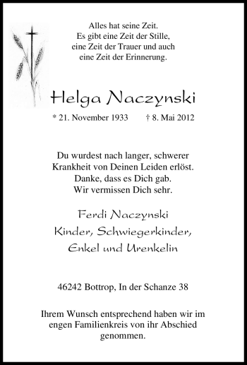 Traueranzeige von Helga Naczynski von Tageszeitung