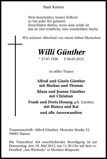 Traueranzeige von Willi Günther von Tageszeitung