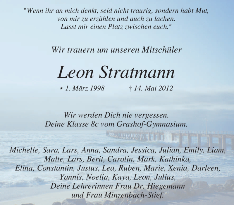  Traueranzeige für Leon Stratmann vom 21.05.2012 aus Tageszeitung