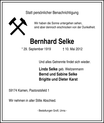 Traueranzeige von Bernhard Selke von Tageszeitung