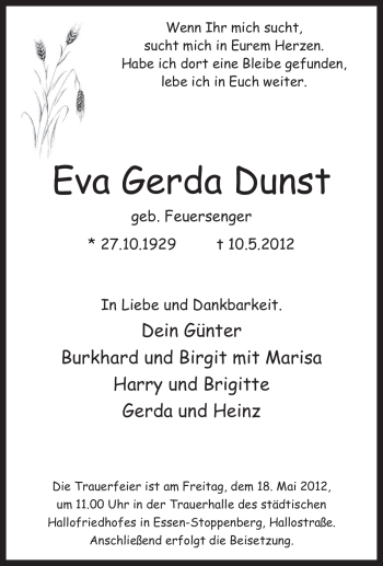 Traueranzeige von Eva Gerda Dunst von Tageszeitung