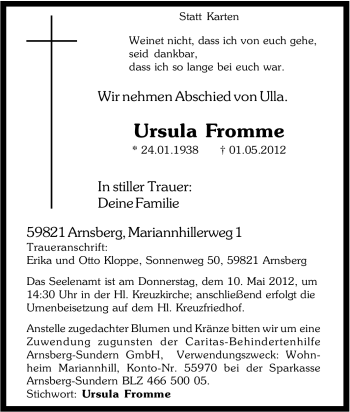 Traueranzeige von Ursula Fromme von Tageszeitung