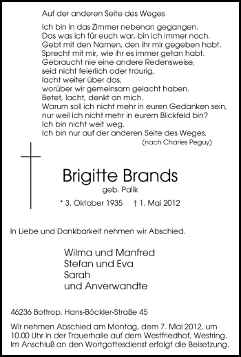 Traueranzeige von Brigitte Brands von Tageszeitung