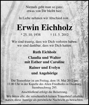 Traueranzeige von Erwin Eichholz von Tageszeitung