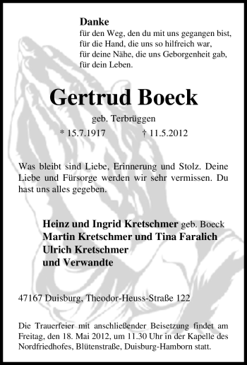 Traueranzeige von Gertrud Boeck von Tageszeitung