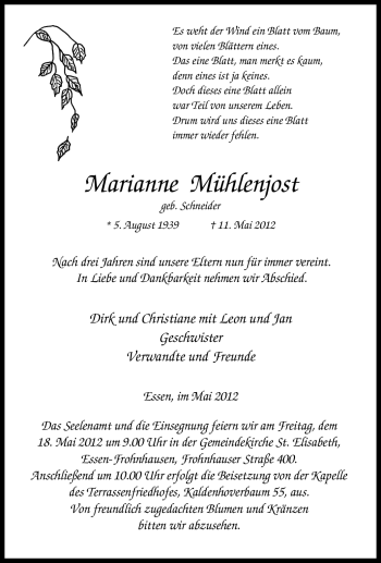 Traueranzeige von Marianne Mühlenjost von Tageszeitung